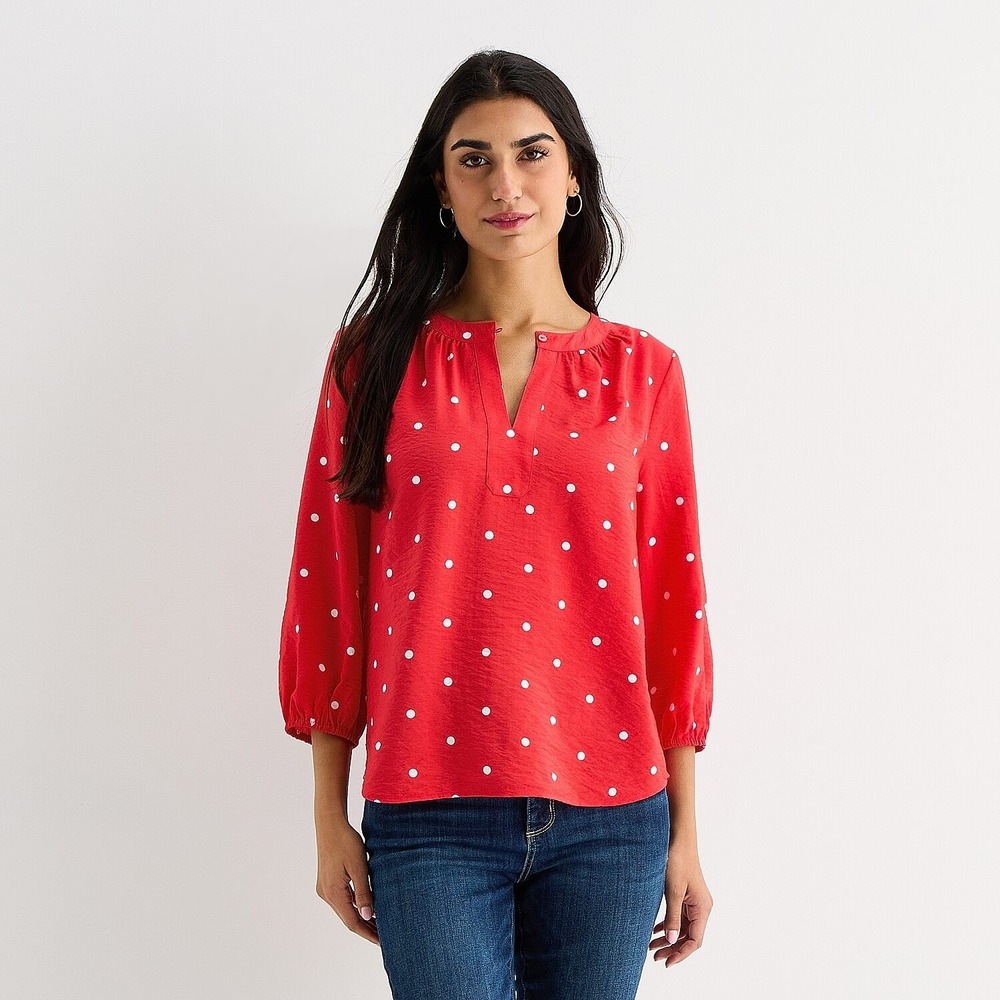 MSRP $44 St. John's Bay Womens S Red Dot Split Crew Neck 3/4 Sleeve Blouse